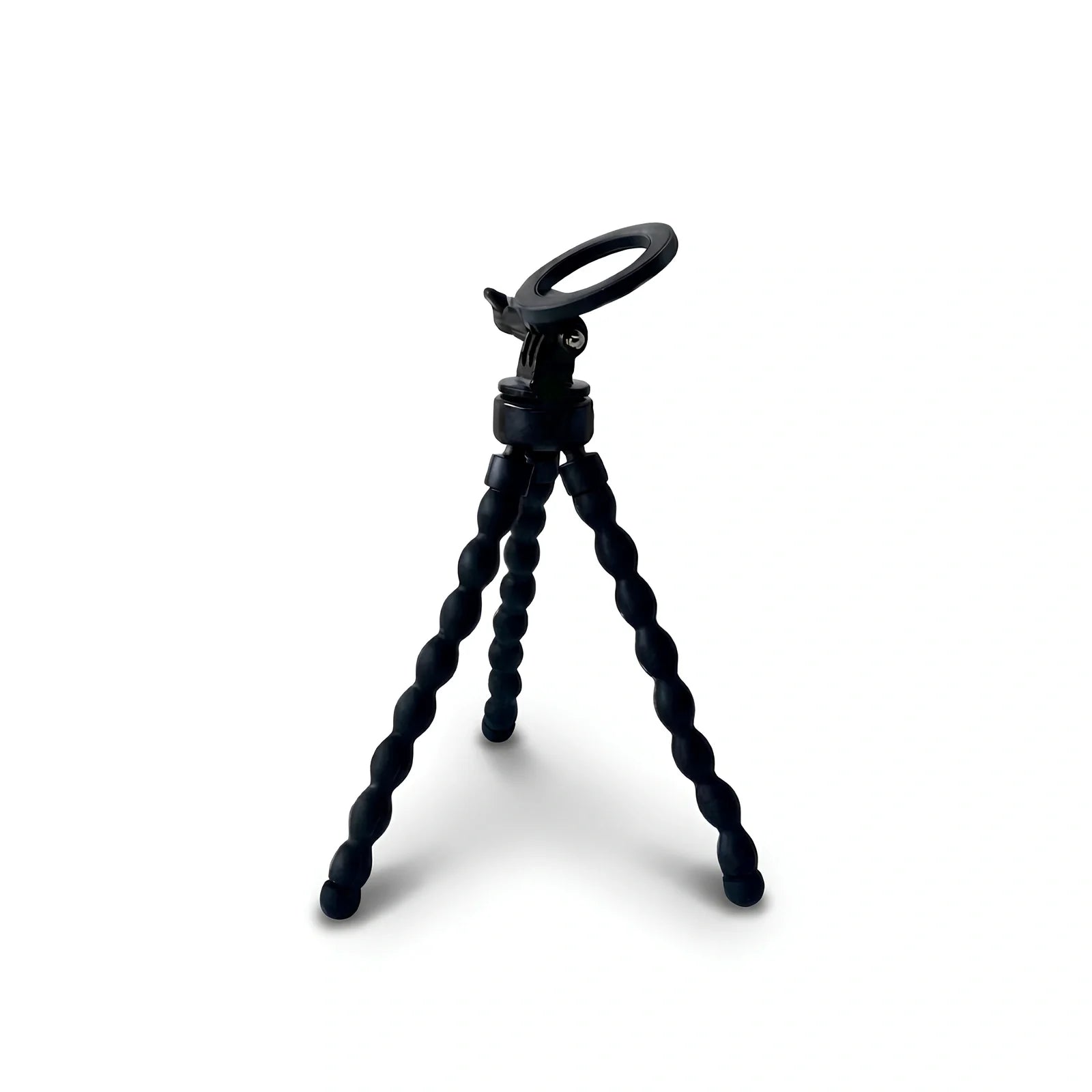 Mini trépied flexible magnétique noir avec support magnétique rond et pince en haut, trois jambes articulees en boules noires, sur fond blanc