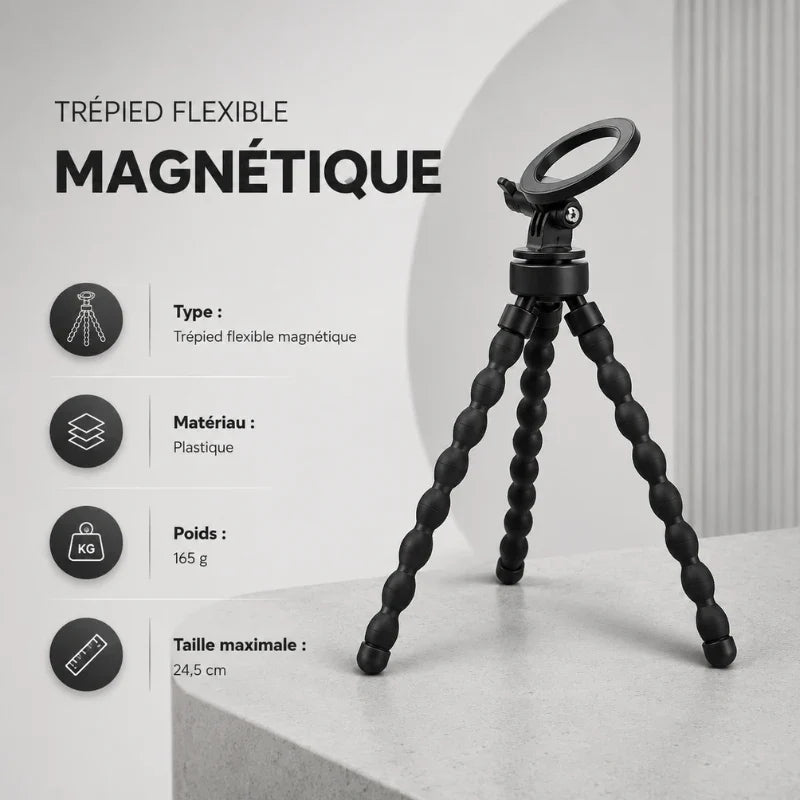 Infographie trépied flexible magnétique noir : type trépied flexible magnétique, matériau plastique, poids 165 g, taille maximale 24,5 cm