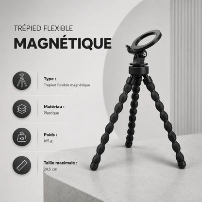 Infographie trépied flexible magnétique noir : type trépied flexible magnétique, matériau plastique, poids 165 g, taille maximale 24,5 cm