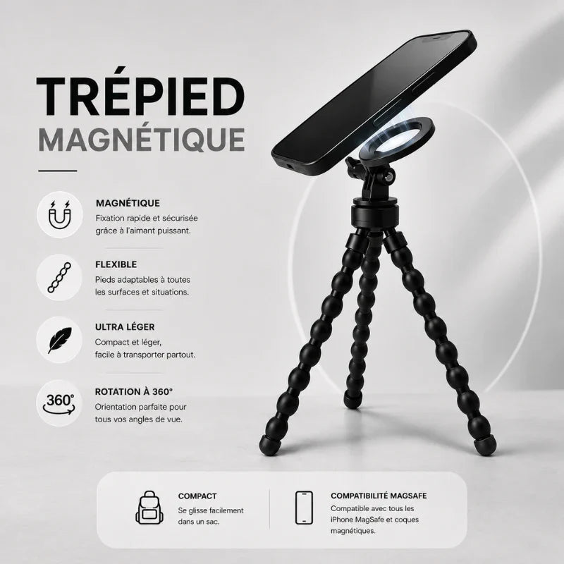 Trépied flexible magnétique noir avec smartphone iPhone fixé magnétiquement - infographie 4 avantages : fixation magnétique rapide, pieds flexibles adaptables, ultra léger compact, rotation 360 degres - compatible MagSafe
