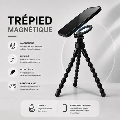 Trépied flexible magnétique noir avec smartphone iPhone fixé magnétiquement - infographie 4 avantages : fixation magnétique rapide, pieds flexibles adaptables, ultra léger compact, rotation 360 degres - compatible MagSafe