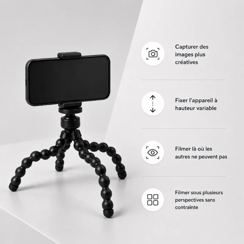 Trépied flexible magnétique noir avec smartphone fixé en pince noire - infographie 4 usages : capturer des images plus créatives, fixér l appareil à hauteur variable, filmer la ou les autres ne peuvent pas, filmer sous plusieurs perspectives