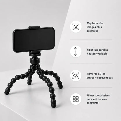 Trépied flexible magnétique noir avec smartphone fixé en pince noire - infographie 4 usages : capturer des images plus créatives, fixér l appareil à hauteur variable, filmer la ou les autres ne peuvent pas, filmer sous plusieurs perspectives