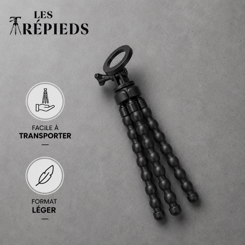 Trépied flexible magnétique noir replié à plat sur fond gris beton - logo Les Trépieds - infographie : facile a transporter, format léger