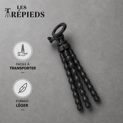 Trépied flexible magnétique noir replié à plat sur fond gris beton - logo Les Trépieds - infographie : facile a transporter, format léger