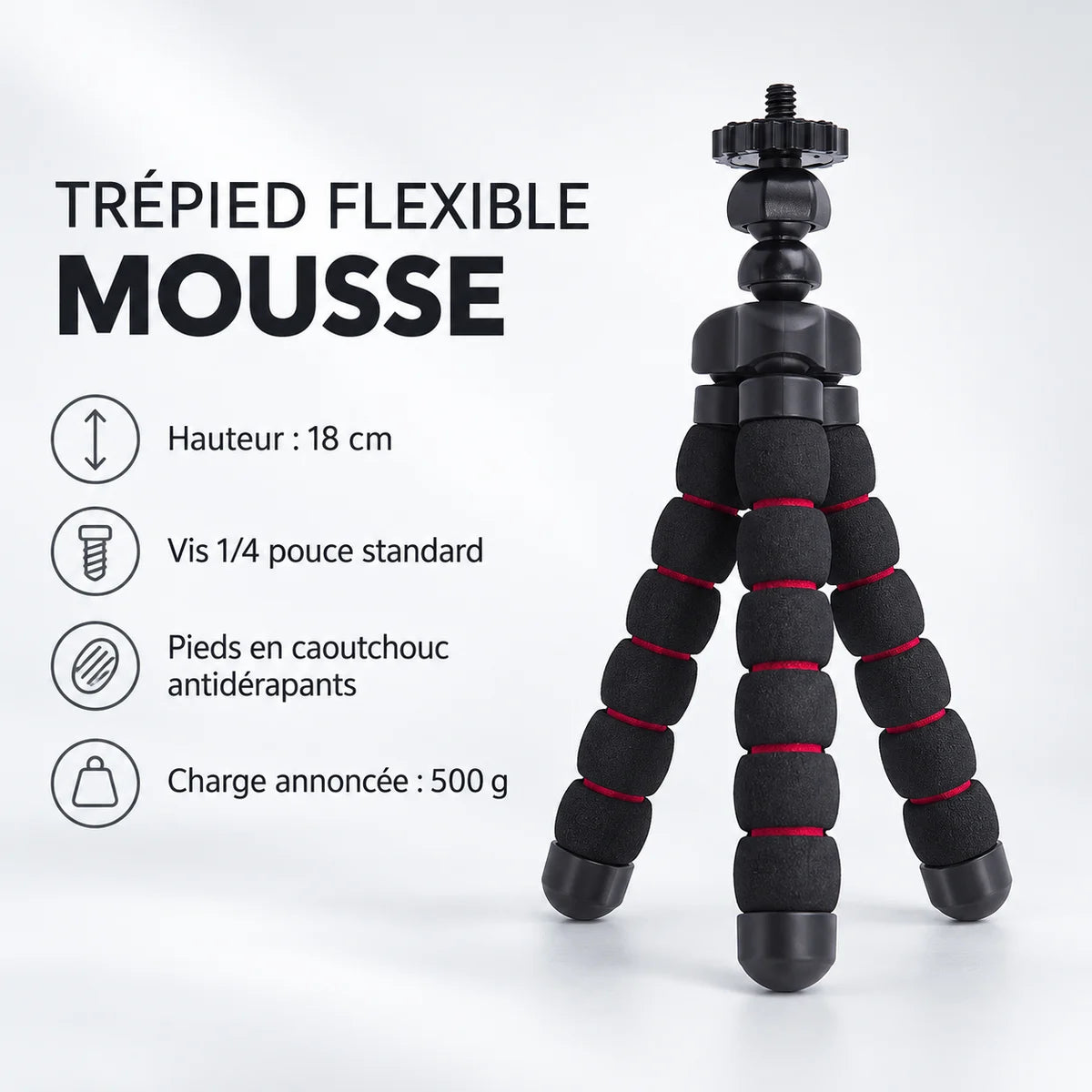 Trépied Flexible Mousse 18 CM Noir & Rouge - caractéristiques du trépied flexible en mousse