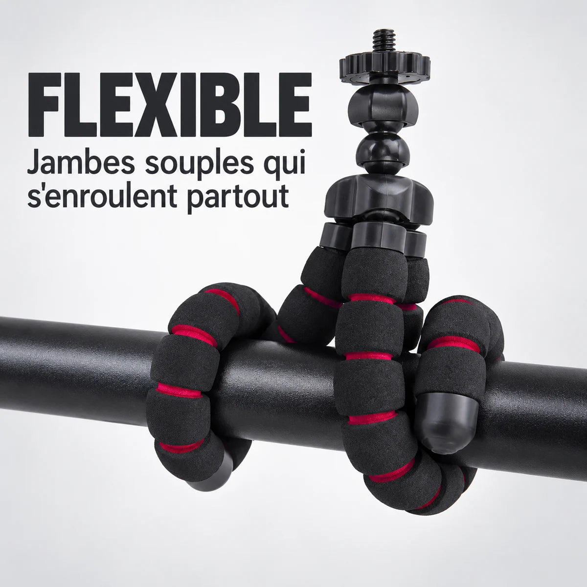 Trépied Flexible Mousse 18 CM Noir & Rouge - jambes enroulées autour d’une barre