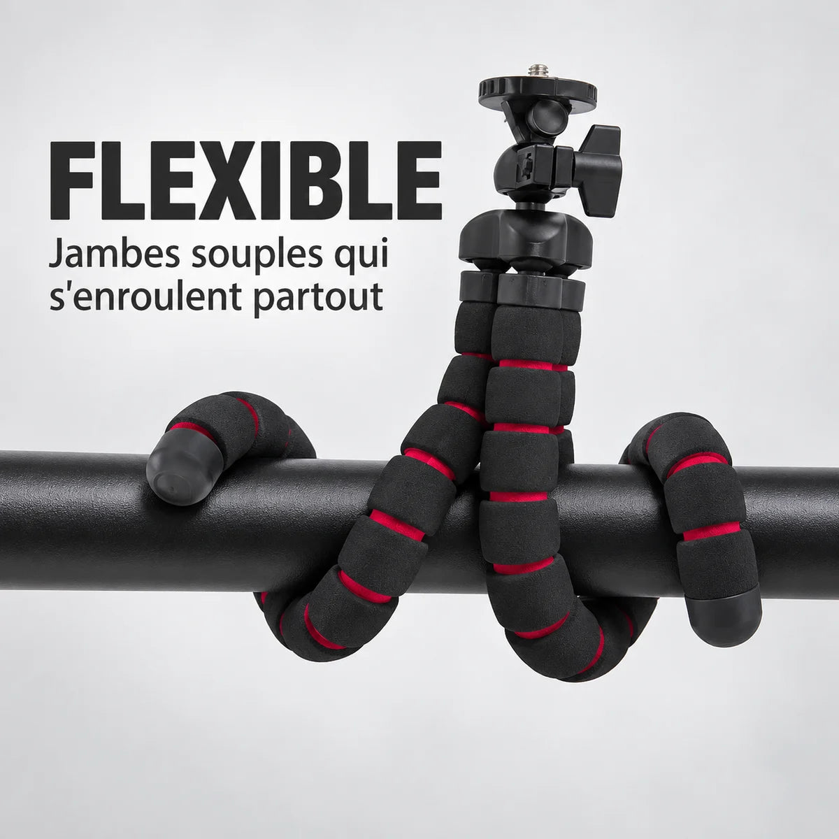 Trépied Flexible Mousse 26,5 CM Noir & Rouge - jambes enroulées autour d’une barre