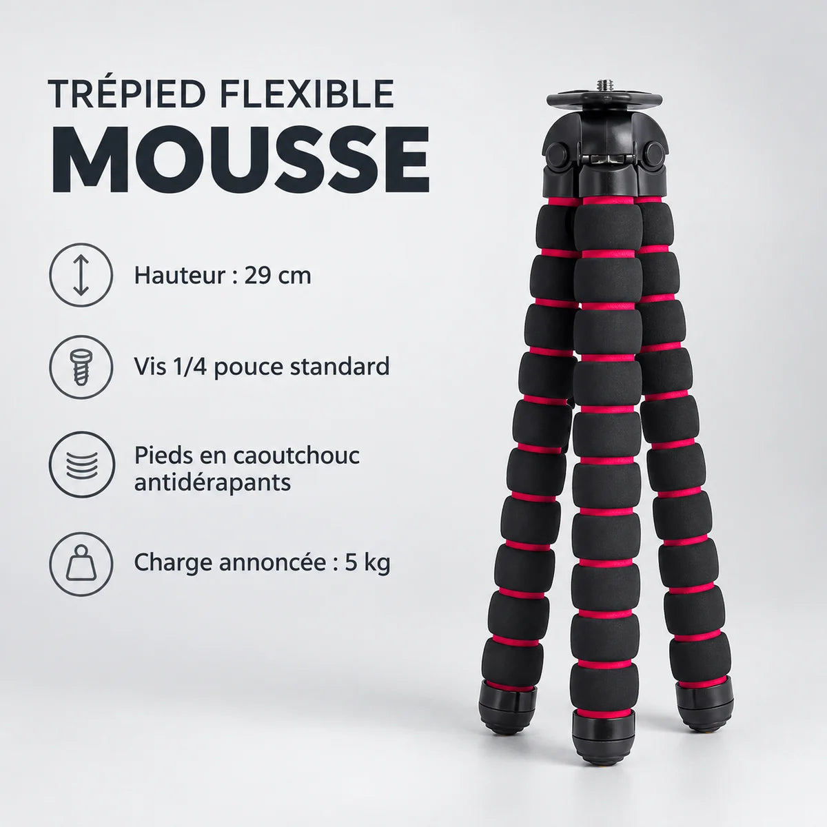 Trépied Flexible Mousse 29 CM Noir & Rouge - caractéristiques du trépied flexible en mousse