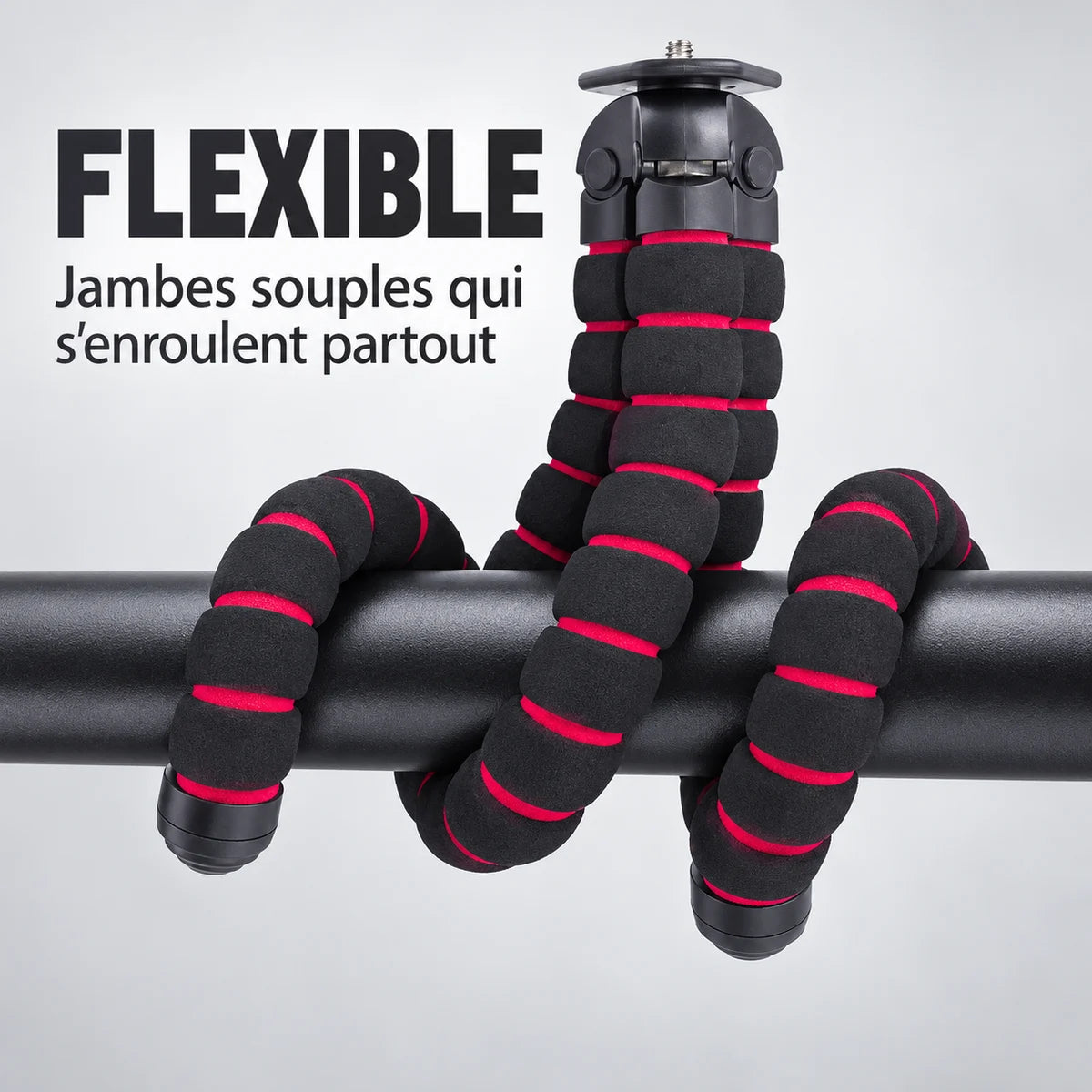 Trépied Flexible Mousse 29 CM Noir & Rouge - jambes enroulées autour d’une barre