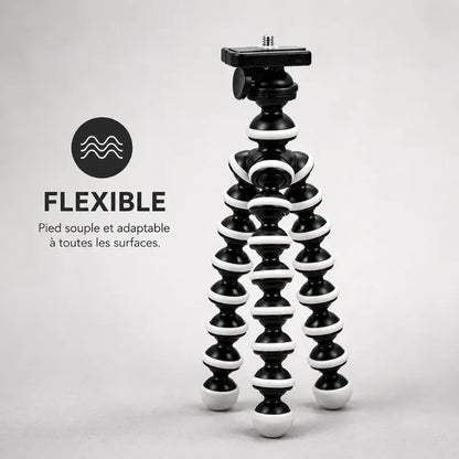Trépied flexible noir et blanc sur fond gris - pied souple et adaptable a toutes les surfaces, tête rotative avec vis standard