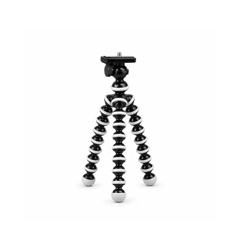 Mini trépied flexible noir et blanc a jambes articulees en boules, tête rotative avec vis standard en haut, sur fond blanc