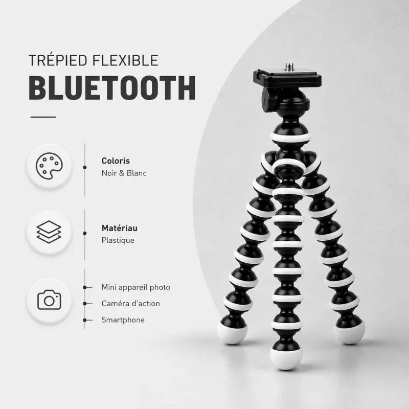 Infographie trépied flexible Bluetooth noir et blanc : coloris noir et blanc, matériau plastique, compatible mini appareil photo, caméra d action et smartphone
