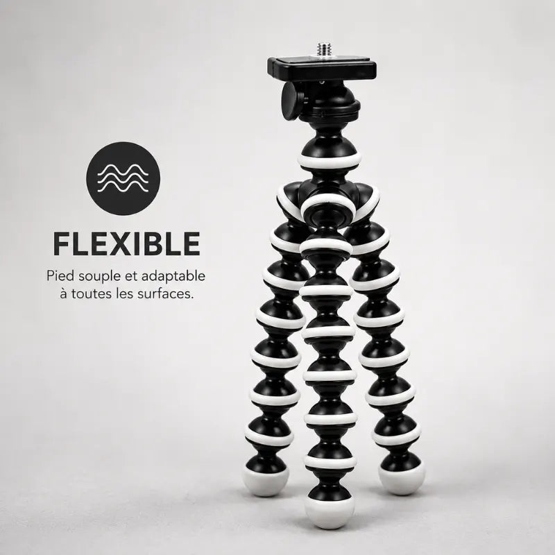 Trépied flexible noir et blanc sur fond gris - pied souple et adaptable a toutes les surfaces, tête rotative avec vis standard