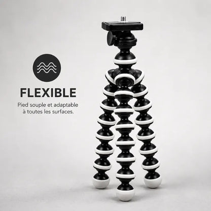 Trépied flexible noir et blanc sur fond gris - pied souple et adaptable a toutes les surfaces, tête rotative avec vis standard