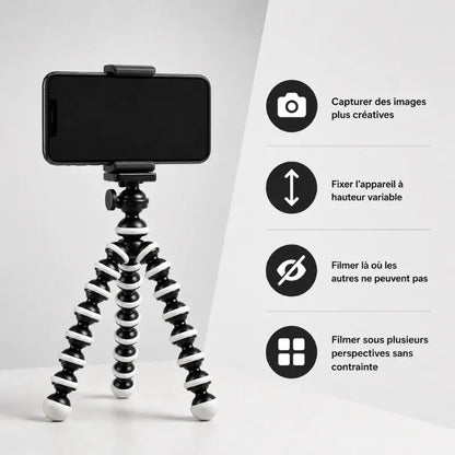 Trépied flexible noir et blanc avec smartphone fixé en pince noire - infographie 4 usages : capturer des images plus créatives, fixér l appareil à hauteur variable, filmer la ou les autres ne peuvent pas, filmer sous plusieurs perspectives sans contrainte