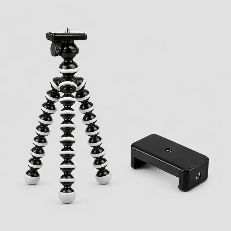 Trépied flexible noir et blanc a côté d un support téléphone noir compact - tête rotative avec plaque de fixation et molette, sur fond gris