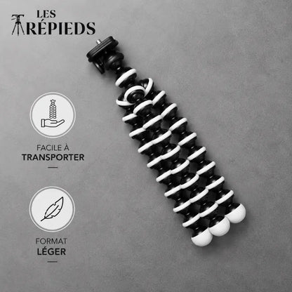 Trépied flexible noir et blanc replié à plat vu du dessus sur fond gris beton - logo Les Trépieds - infographie : facile a transporter, format léger