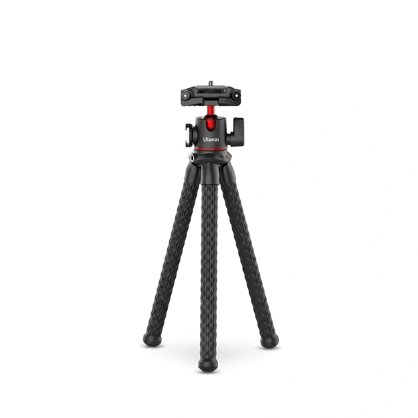 Trépied flexible noir avec trois pieds ondulés texturés et rotule gimbal rouge et noire avec porte-accessoire en haut sur fond blanc