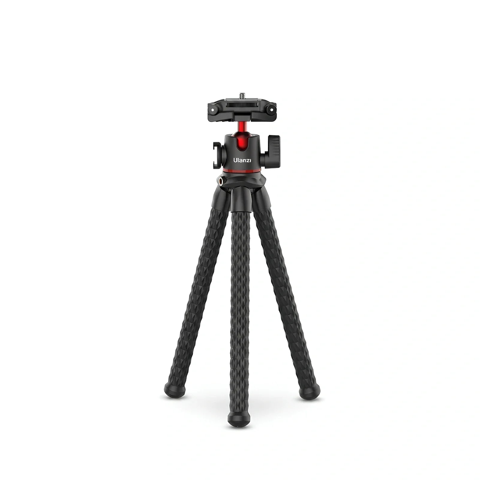 Trépied flexible noir avec trois pieds ondulés texturés et rotule gimbal rouge et noire avec porte-accessoire en haut sur fond blanc