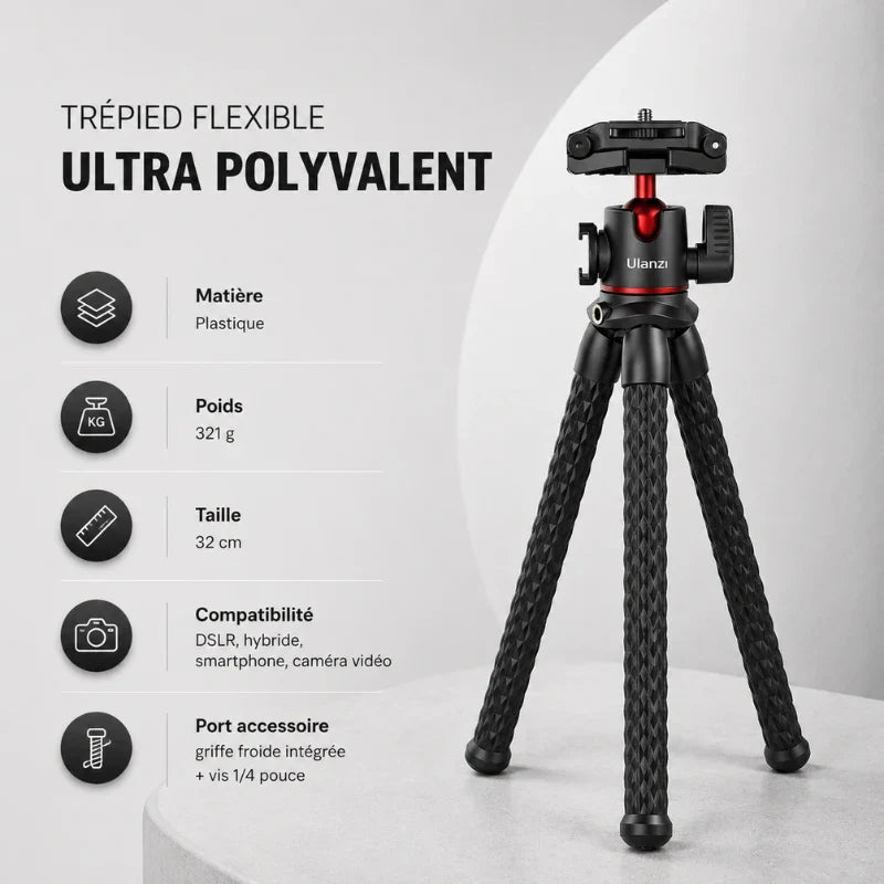 Infographie trépied flexible polyvalent : matière plastique, poids 321 g, taille 32 cm, compatible DSLR hybride smartphone caméra vidéo, griffe froide et vis 1/4