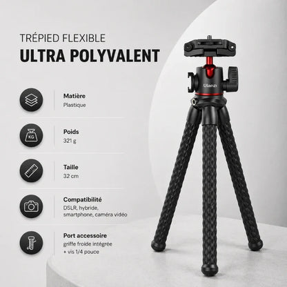 Infographie trépied flexible polyvalent : matière plastique, poids 321 g, taille 32 cm, compatible DSLR hybride smartphone caméra vidéo, griffe froide et vis 1/4