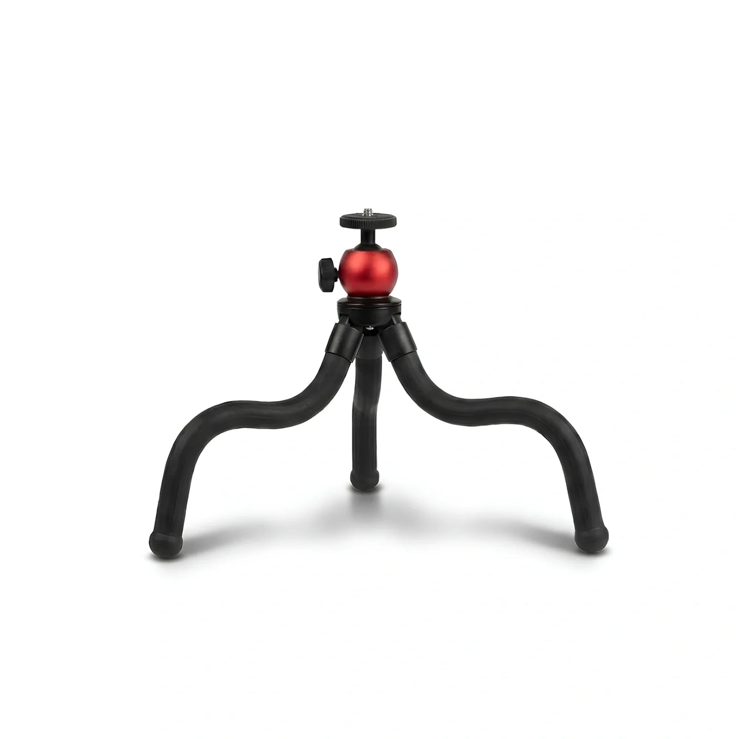 Trépied flexible poulpe noir avec rotule sphérique rouge, trois jambes souples et arrondies sur fond blanc