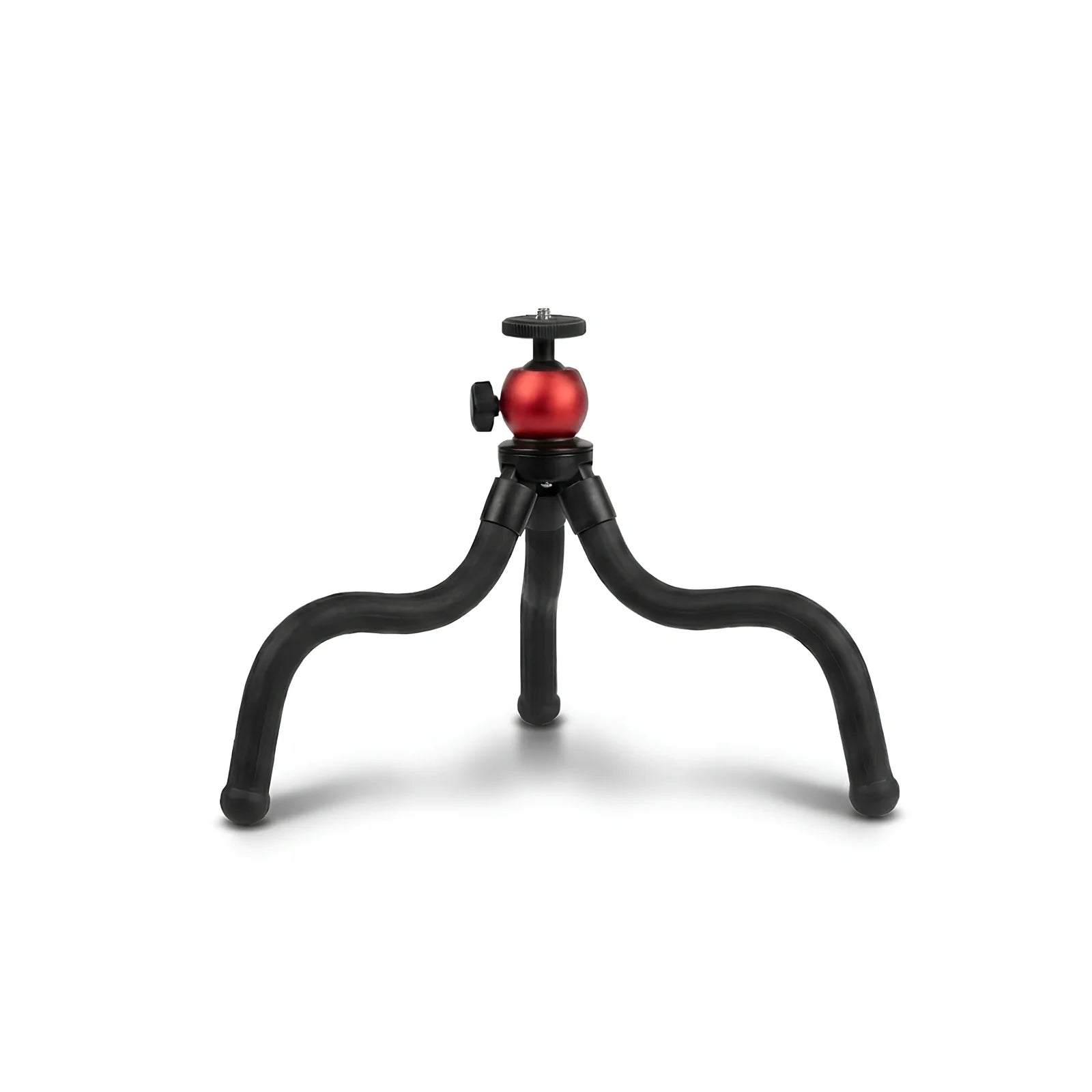 Trépied flexible poulpe noir avec rotule sphérique rouge, trois jambes souples et arrondies sur fond blanc