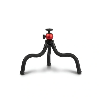 Trépied flexible poulpe noir avec rotule sphérique rouge, trois jambes souples et arrondies sur fond blanc