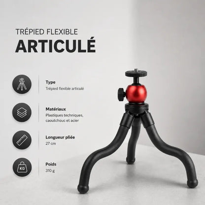 Infographie trépied flexible articule rouge et noir : matériaux plastiques techniques caoutchouc et acier, longueur pliee 27 cm, poids 310 g