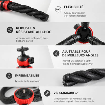 Infographie détails trépied poulpe rouge et noir : flexibilite, robuste et resistant au choc, ajustable rotation 360 degres et inclinaison 90 degres, impermeabilite lavable, vis standard 1/4