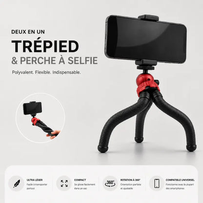 Trépied poulpe flexible avec smartphone fixé en pince - infographie 2 en 1 trépied et perche a selfie - 4 avantages : ultra léger, compact, rotation 360 degres, compatible universel
