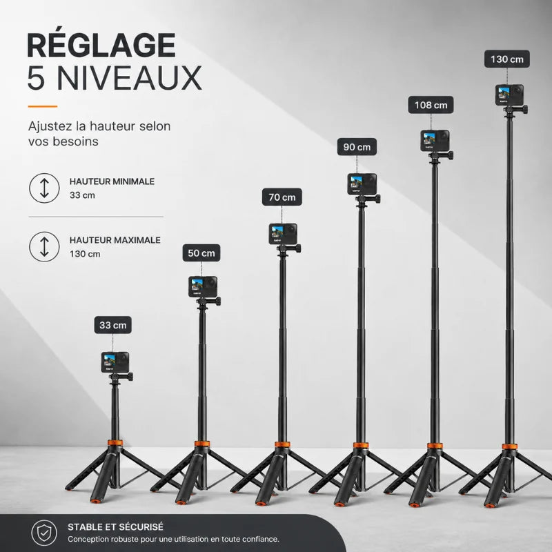Infographie trépied GoPro extensible noir et orange : 5 hauteurs réglables de 33 cm à 130 cm avec caméra GoPro montée