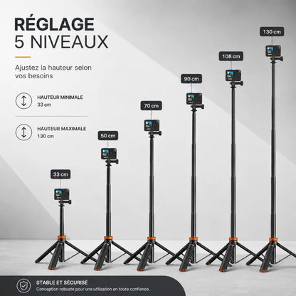 Infographie trépied GoPro extensible noir et orange : 5 hauteurs réglables de 33 cm à 130 cm avec caméra GoPro montée