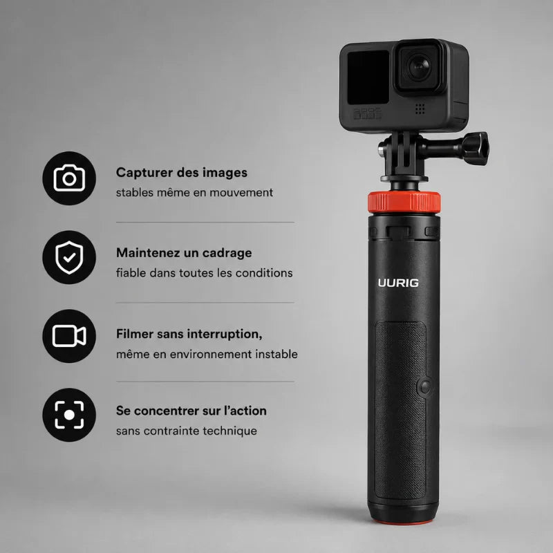 Trépied GoPro noir et orange avec caméra d'action montée - infographie 4 avantages : images stables, cadrage fiable, filmer sans interruption, se concentrer sur l'action