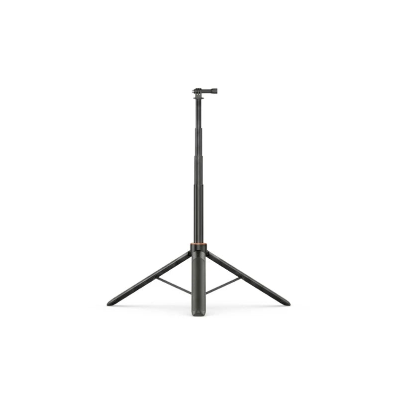Trépied GoPro VRIG noir 138 cm extensible avec monture GoPro en haut, anneau dore en bas de poignée, trois pieds déployés, sur fond blanc