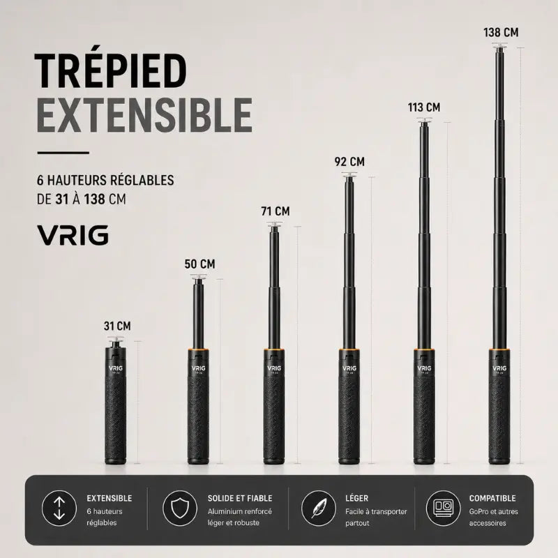 Infographie trépied GoPro VRIG extensible noir montrant 6 hauteurs : 31 cm, 50 cm, 71 cm, 92 cm, 113 cm et 138 cm - 4 avantages : extensible, solide aluminium renforcé, léger, compatible GoPro