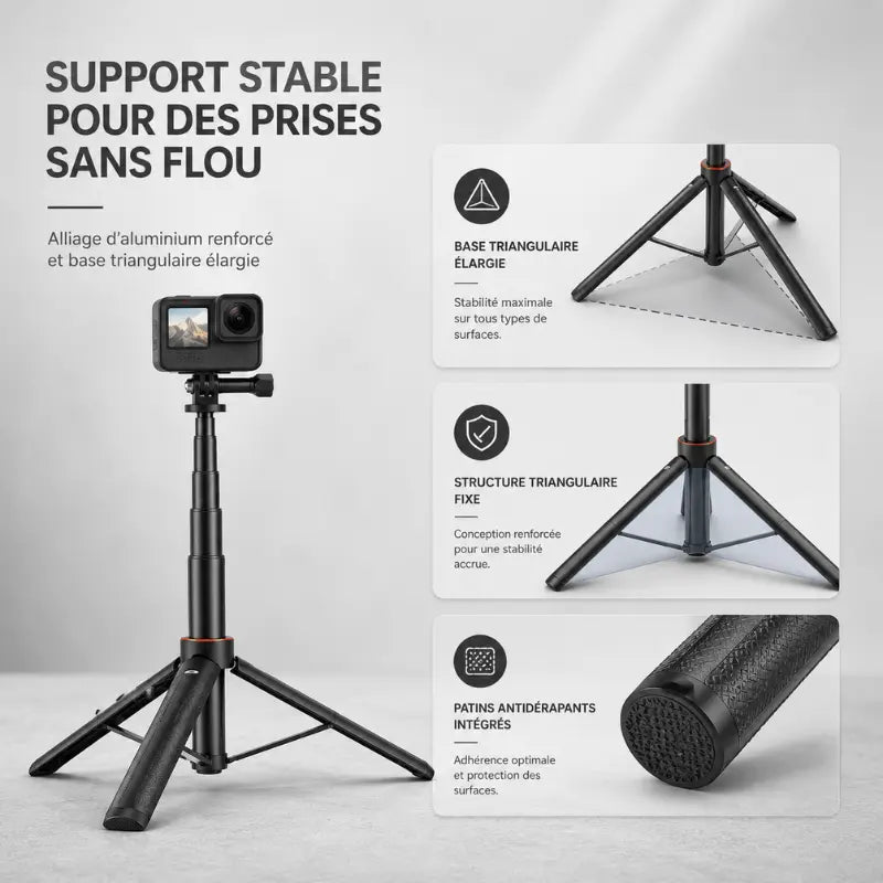 Infographie support stable trépied GoPro noir : base triangulaire elargie, structure triangulaire fixé, patins antidérapants intégrés - avec caméra GoPro montée dessus