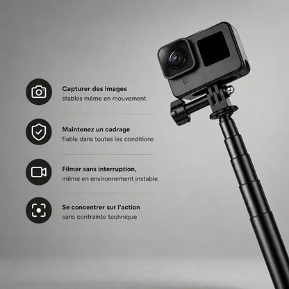Gros plan trépied GoPro VRIG noir avec caméra GoPro noire montée - infographie 4 avantages : capturer images stables en mouvement, maintenir cadrage fiable, filmer sans interruption, se concentrer sur l action