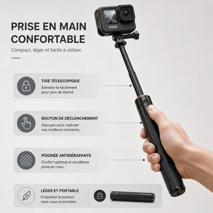 Main tenant trépied GoPro VRIG noir avec caméra GoPro montée - infographie prise en main confortable : tige télescopique, bouton de declenchement, poignée antidérapante, léger et portable