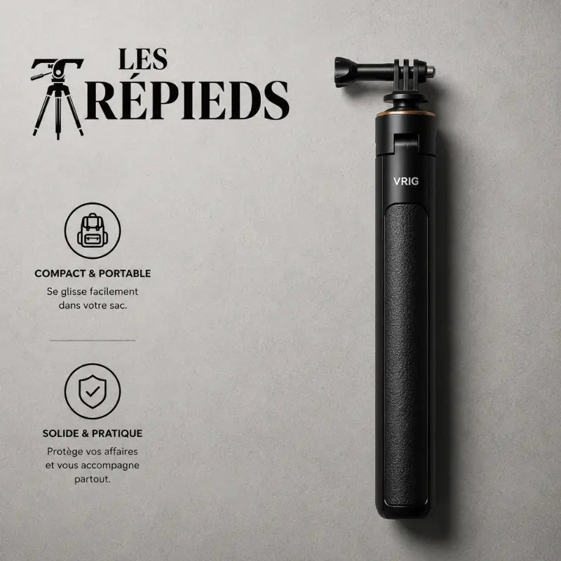 Trépied GoPro VRIG noir replié à plat - logo Les Trépieds - infographie : compact et portable, solide et pratique