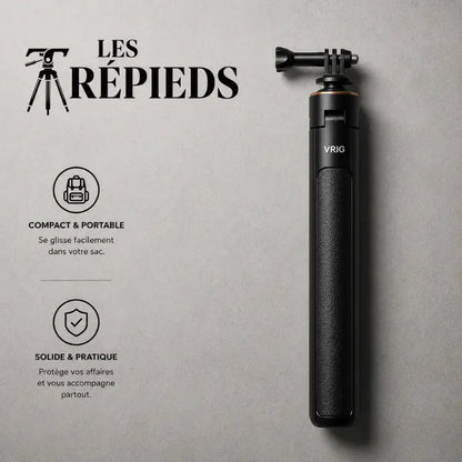 Trépied GoPro VRIG noir replié à plat - logo Les Trépieds - infographie : compact et portable, solide et pratique