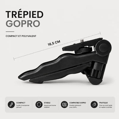 Mini trépied GoPro noir de profil replié mesurant 16,5 cm avec les caractéristiques compact, stable, compatible GoPro et pratique