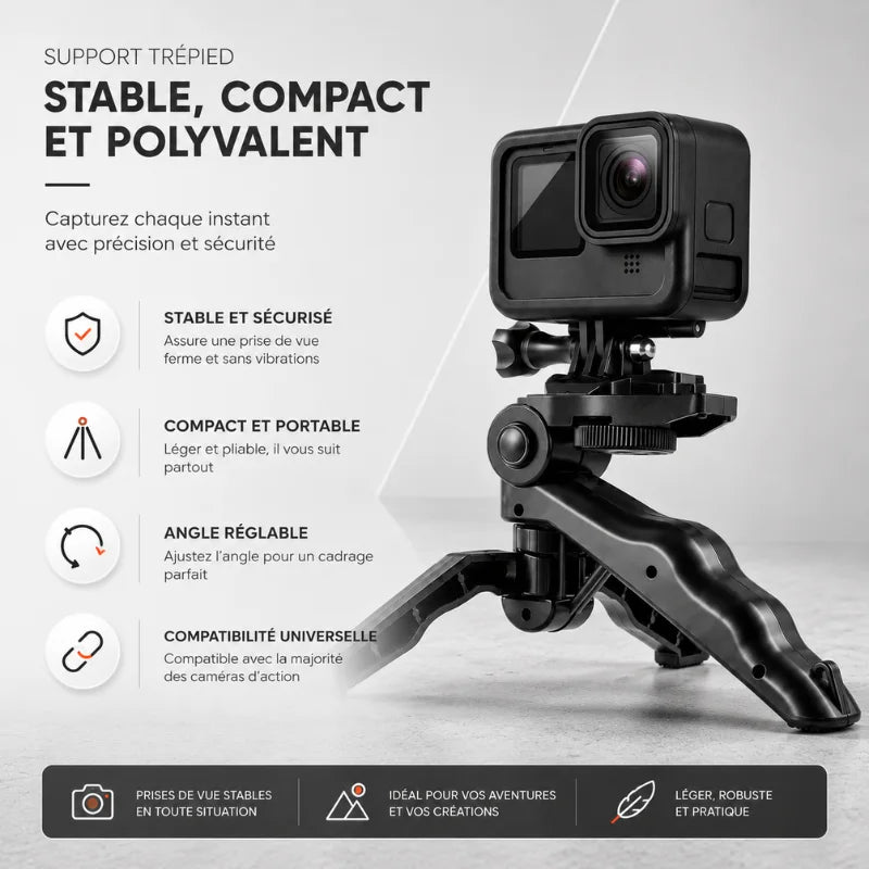 Mini trépied GoPro noir avec une caméra d'action noire fixée dessus, posé sur une surface en béton, liste des avantages affichée