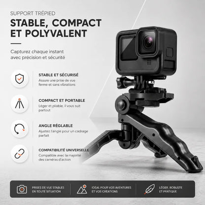 Mini trépied GoPro noir avec une caméra d'action noire fixée dessus, posé sur une surface en béton, liste des avantages affichée