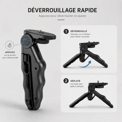 Infographie du système de déverrouillage rapide du mini trépied GoPro : vue replié, puis positions déverrouillé et déployé avec les pieds écartés