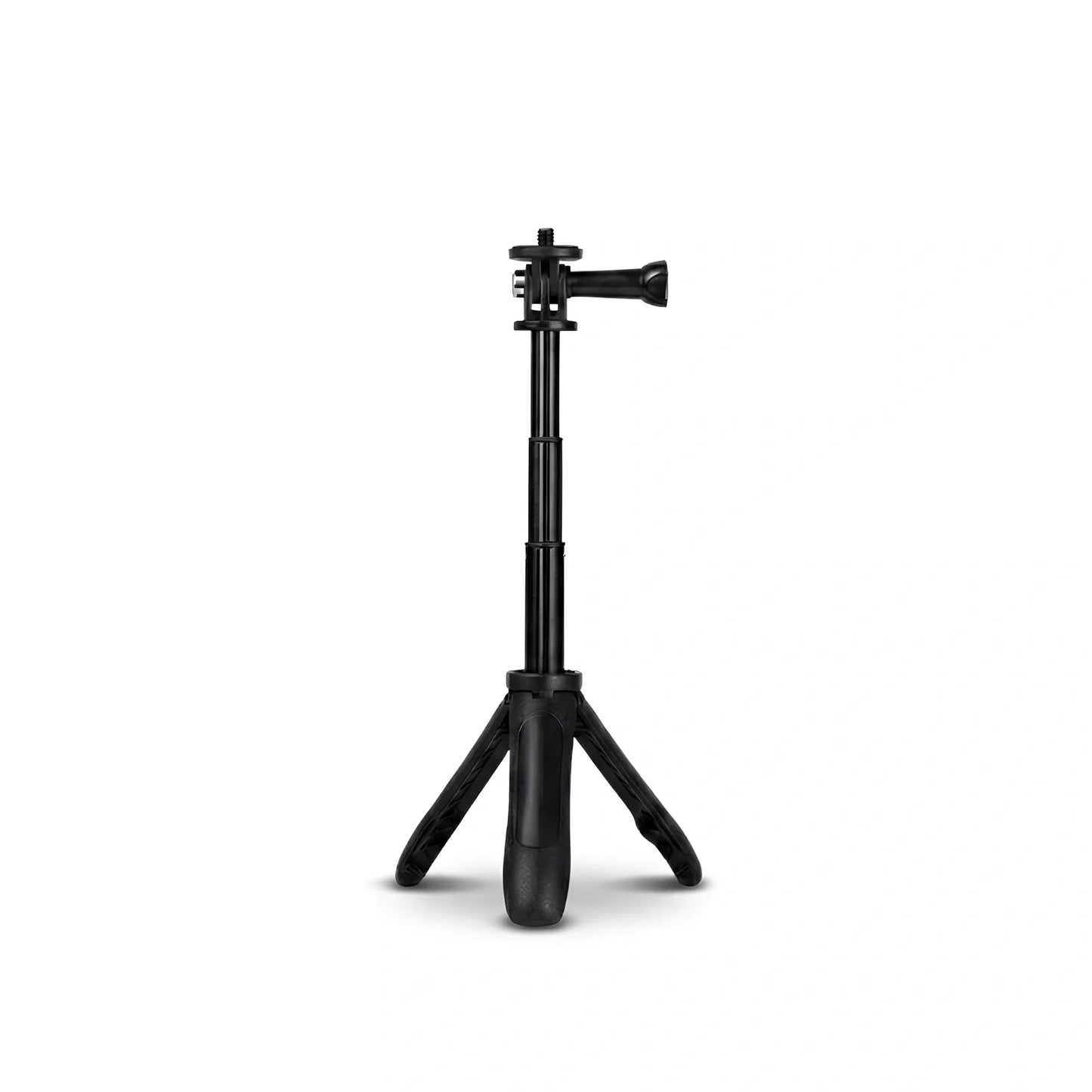 Mini trépied GoPro noir 23 cm extensible avec monture GoPro noire en haut, tige télescopique noire, trois pieds déployés avec poignée, sur fond blanc