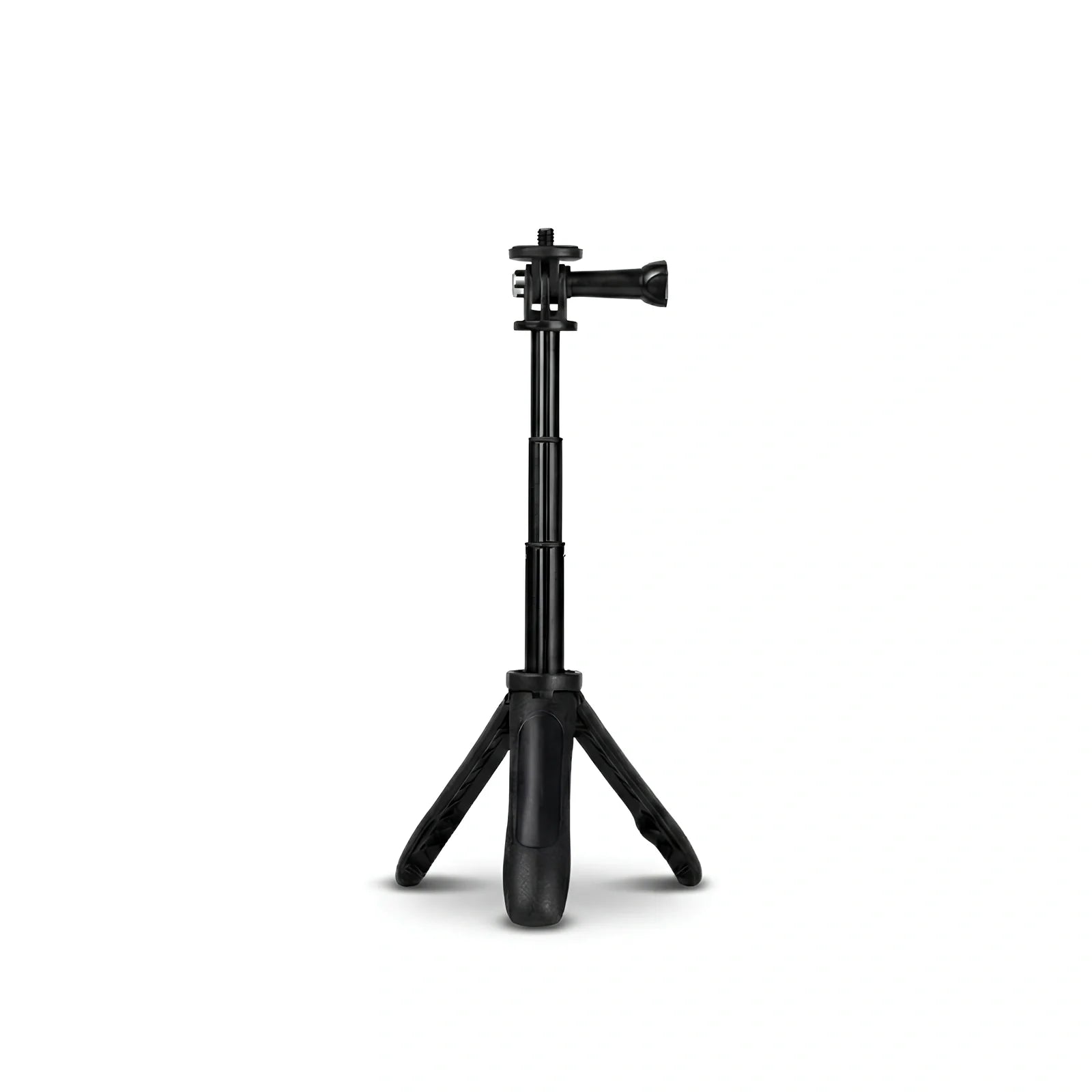 Mini trépied GoPro noir 23 cm extensible avec monture GoPro noire en haut, tige télescopique noire, trois pieds déployés avec poignée, sur fond blanc