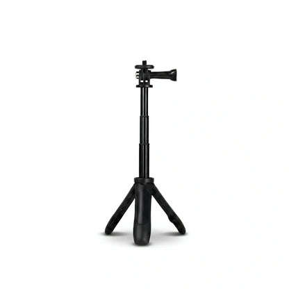 Mini trépied GoPro noir 23 cm extensible avec monture GoPro noire en haut, tige télescopique noire, trois pieds déployés avec poignée, sur fond blanc