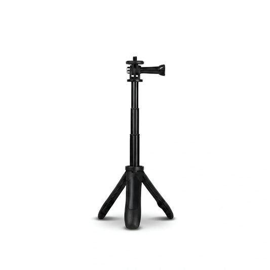 Mini trépied GoPro noir 23 cm extensible avec monture GoPro noire en haut, tige télescopique noire, trois pieds déployés avec poignée, sur fond blanc
